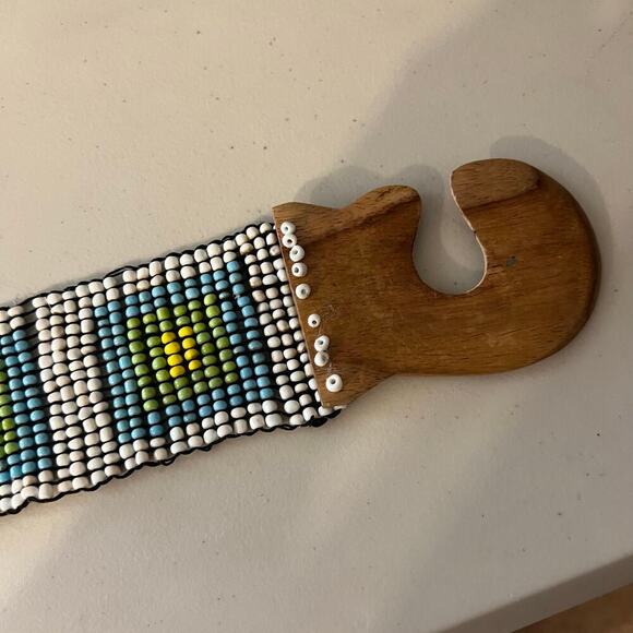 Vintage Wooden Loop Buckle Handmade in Indonesia Beaded Stretchy Belt Free Size - Picture 5 of 9